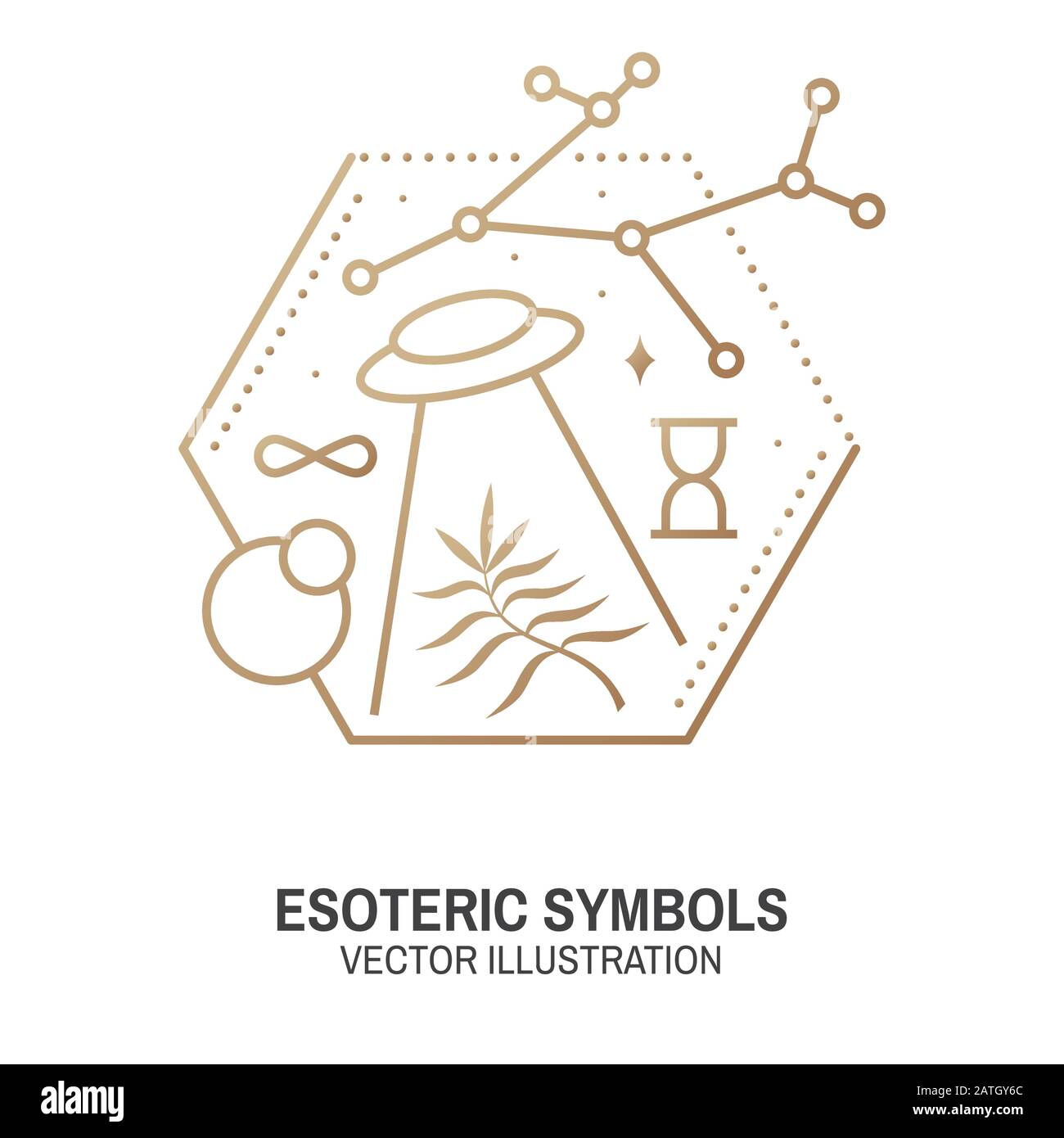 Simboli esoterici. Illustrazione del vettore. Badge geometrico a linea sottile. Icona di contorno per alchimia o geometria sacra. Mystic e magia design con alchimia simboli e ufo volare. Illustrazione Vettoriale