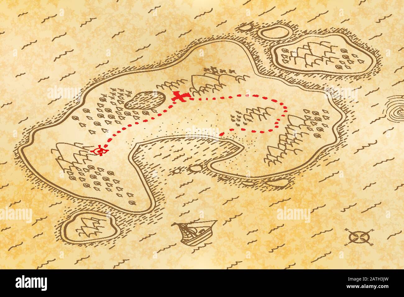 Antica mappa pirata su carta testurizzata vecchia con percorso rosso per conservare in vista isometrica Illustrazione Vettoriale