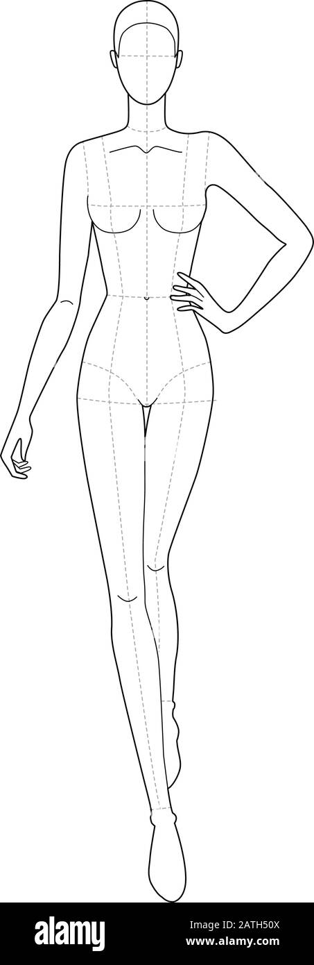 Modello di moda di donne in cammino. 9 dimensioni di testa per il disegno tecnico con le linee principali. Signora figura vista frontale. Profilo di vettore ragazza per schizzo di moda e illustrazione. Illustrazione Vettoriale
