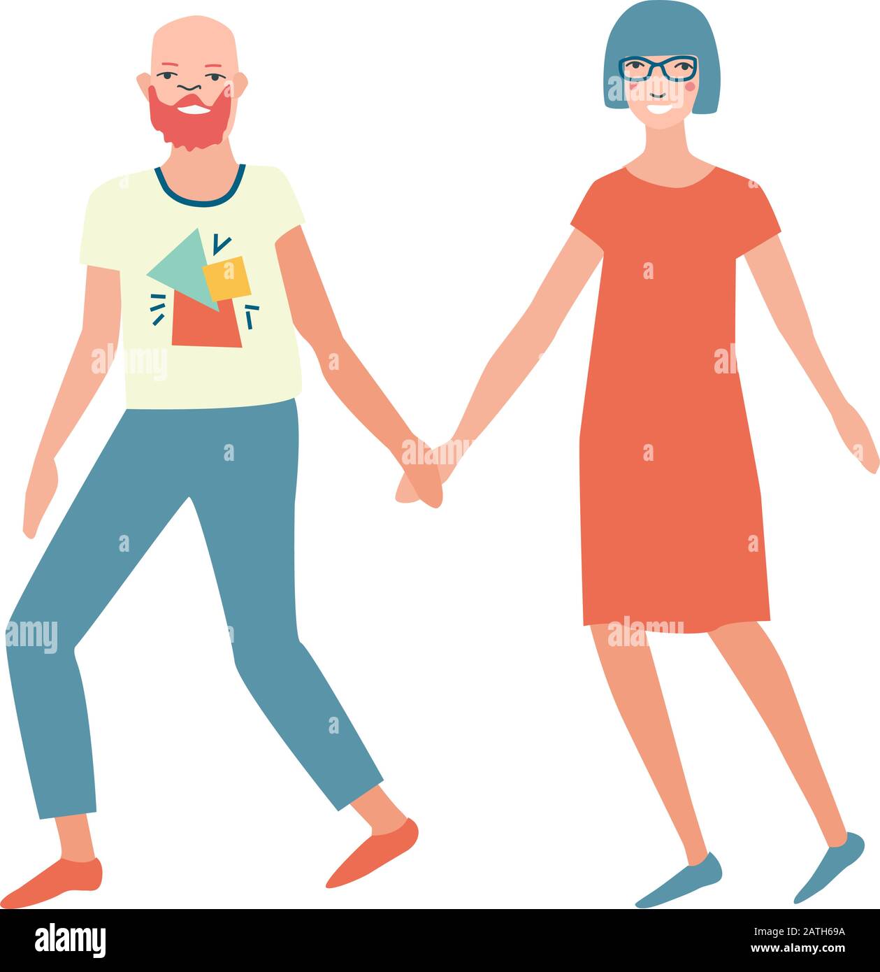 Personaggio di cartone animato femminile e maschile che tiene le mani e cammina. Illustrazione di un vettore piatto alla moda. Giovane donna studente personaggio. Sfondo bianco isolato. Illustrazione Vettoriale