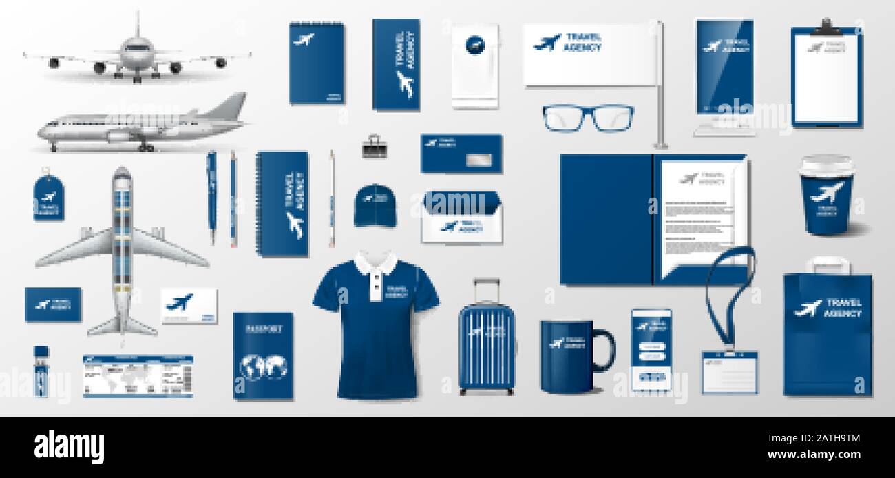 Design del modello di identità del marchio aziendale per agenzie di viaggio. Cancelleria in stile business e documentazione per viaggi e vacanze. Aereo di linea aerea Illustrazione Vettoriale