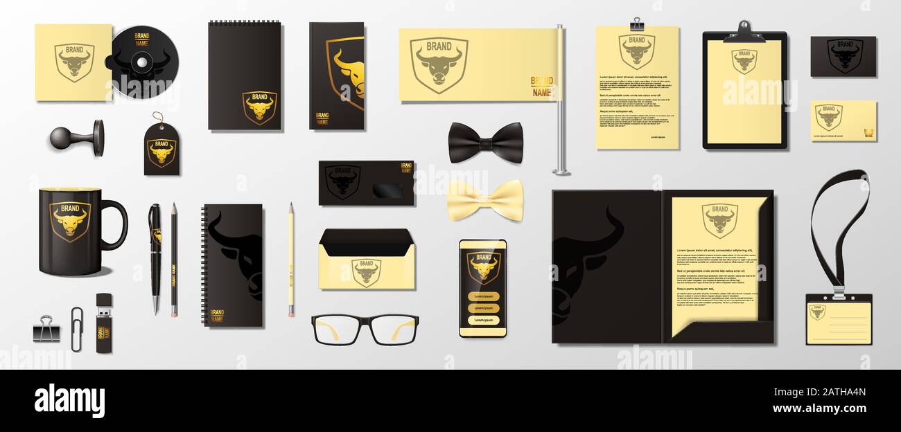 Modello di branding aziendale realistico di tazza, cartella, bianco, camicia, busta, biglietto da visita, timbro. Cancelleria in stile business Mockup set. Vettore Illustrazione Vettoriale