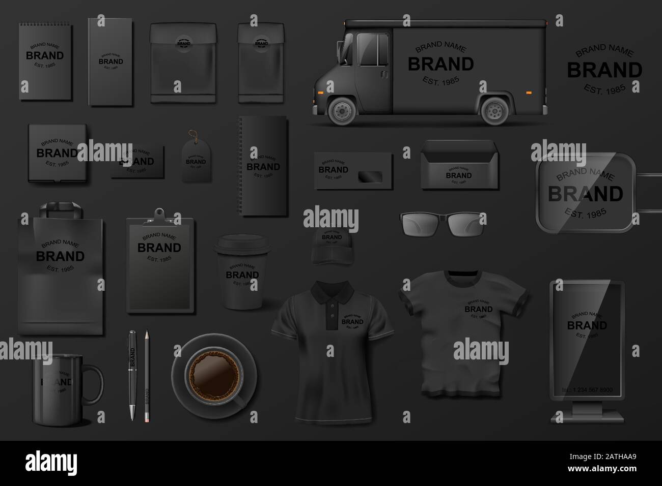 Modello di identità del marchio aziendale. Black Stationery mockup set. Cancelleria di stile di affari, furgone, cartella, camicia, busta, biglietto da visita. Vettore Illustrazione Vettoriale