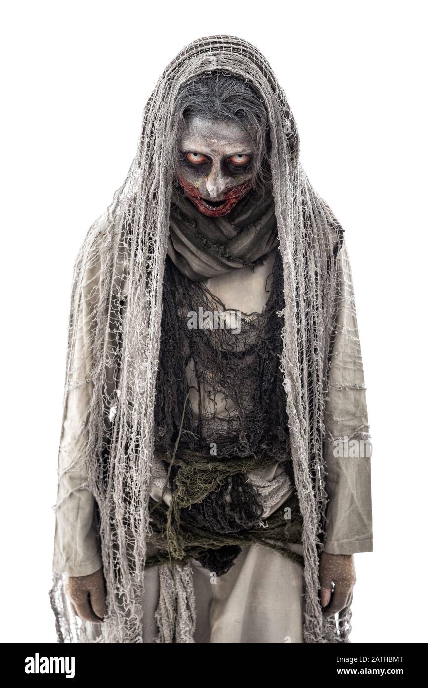 Creepy grigio horror fantasma costume per Halloween o tema partito, isolato su bianco Foto Stock