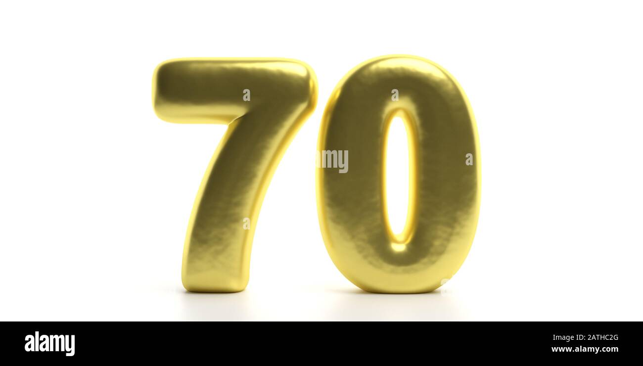 70 numero Settanta. Pallone di colore lucido, scintillante e dorato del numero 70 isolato su sfondo bianco. figura 3d Foto Stock