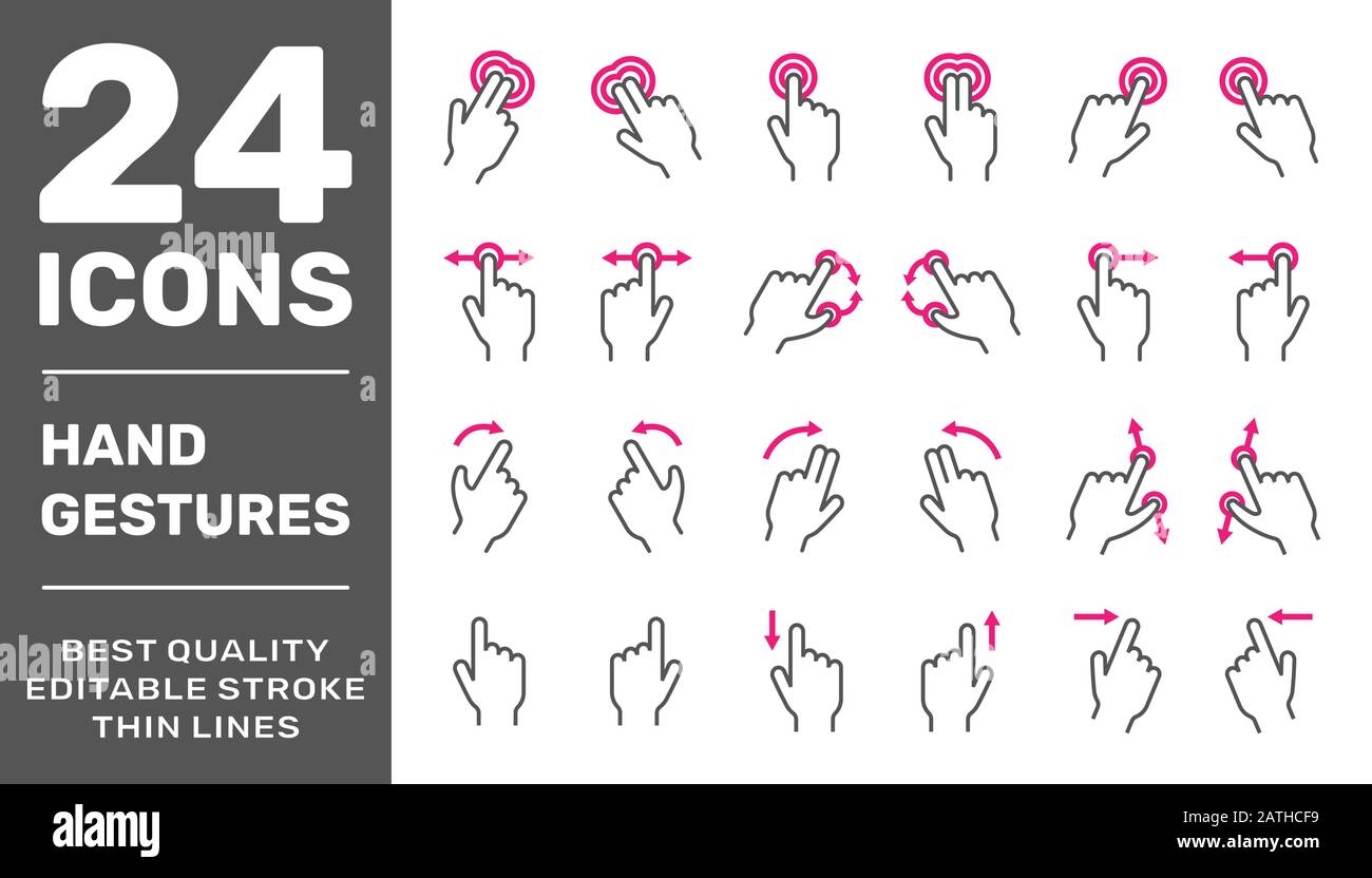 Icone dei gesti per il touchscreen. Semplice set di icone vettoriali per l'interfaccia utente o il manuale di un'app mobile. Stile lineare. EPS 10 Illustrazione Vettoriale