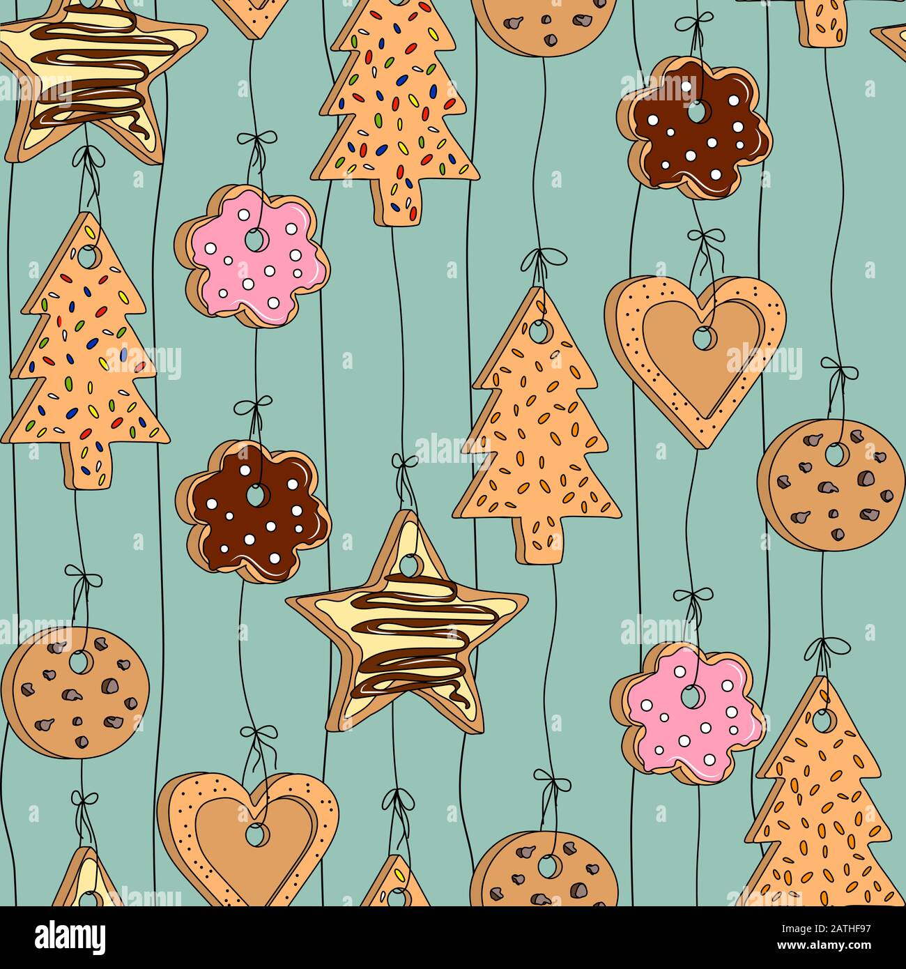 Pattern senza soluzione di continuità con diversi tipi di cookie fatti in casa appesi sui thread Illustrazione Vettoriale