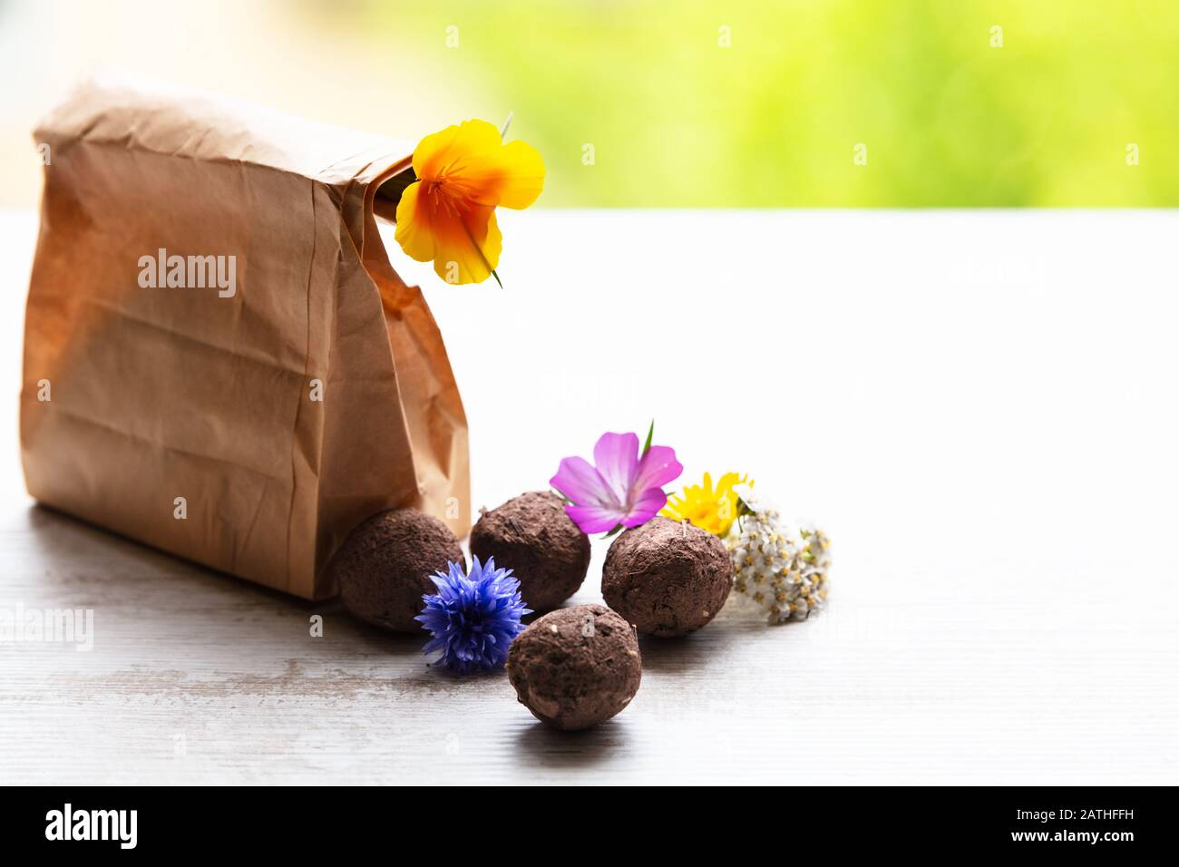 sfere di seme o bombe di seme con fiori vari su uno sfondo bianco, legno Foto Stock