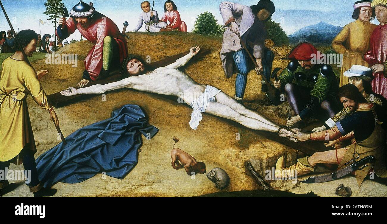 Gerard David pittore fiammingo Cristo Inchiodato alla Croce Circa 1481 olio su quercia (48,4 x 93,9 cm) Londra, National Gallery Foto Stock