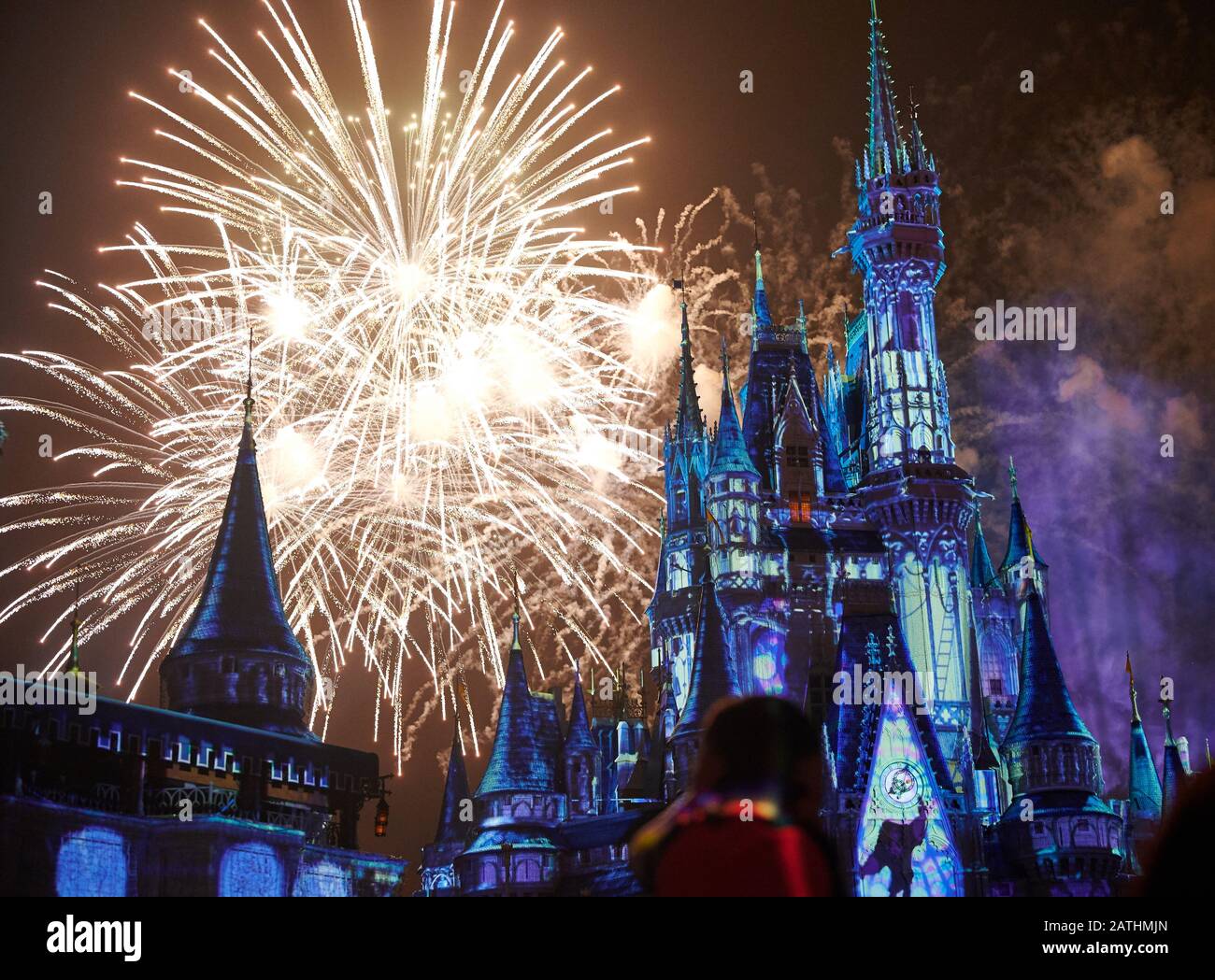 Orlando, USA - 19 gennaio 2020: Il colorato castello blu del parco disney alla luce dei fuochi d'artificio Foto Stock