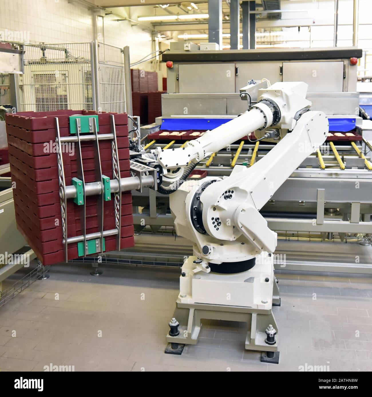 produzione industriale di prodotti da forno su una linea di assemblaggio - tecnologia e macchinari nella fabbrica alimentare Foto Stock