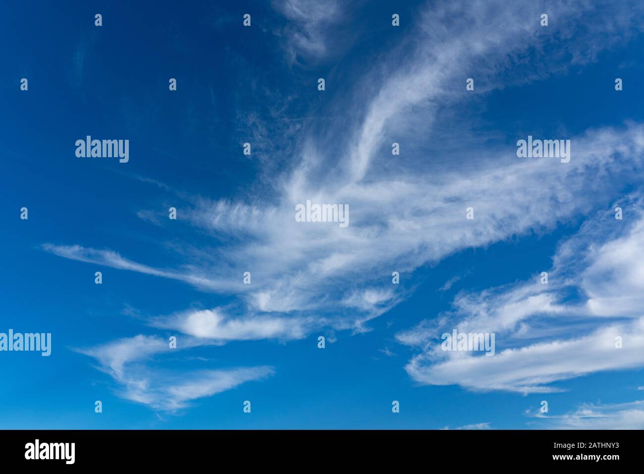 Formazione di nubi bianche con un vibrante cielo blu. Perry Green, Molto Hadham, Hertfordshire. REGNO UNITO Foto Stock