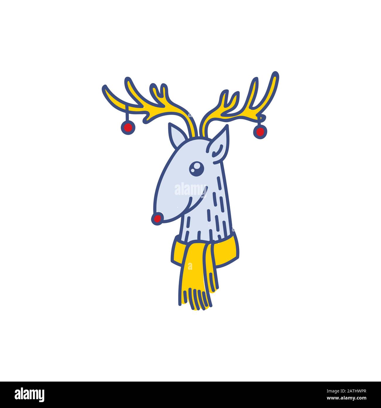 Vettore Rudolph Il Ritratto Del Capo Del Cervo Del Naso Rosso, Raindeer Felice Con L'Illustrazione Del Vettore Di Baubles Su Horns Isolato Su Sfondo Bianco, Feste Invernali Illustrazione Vettoriale