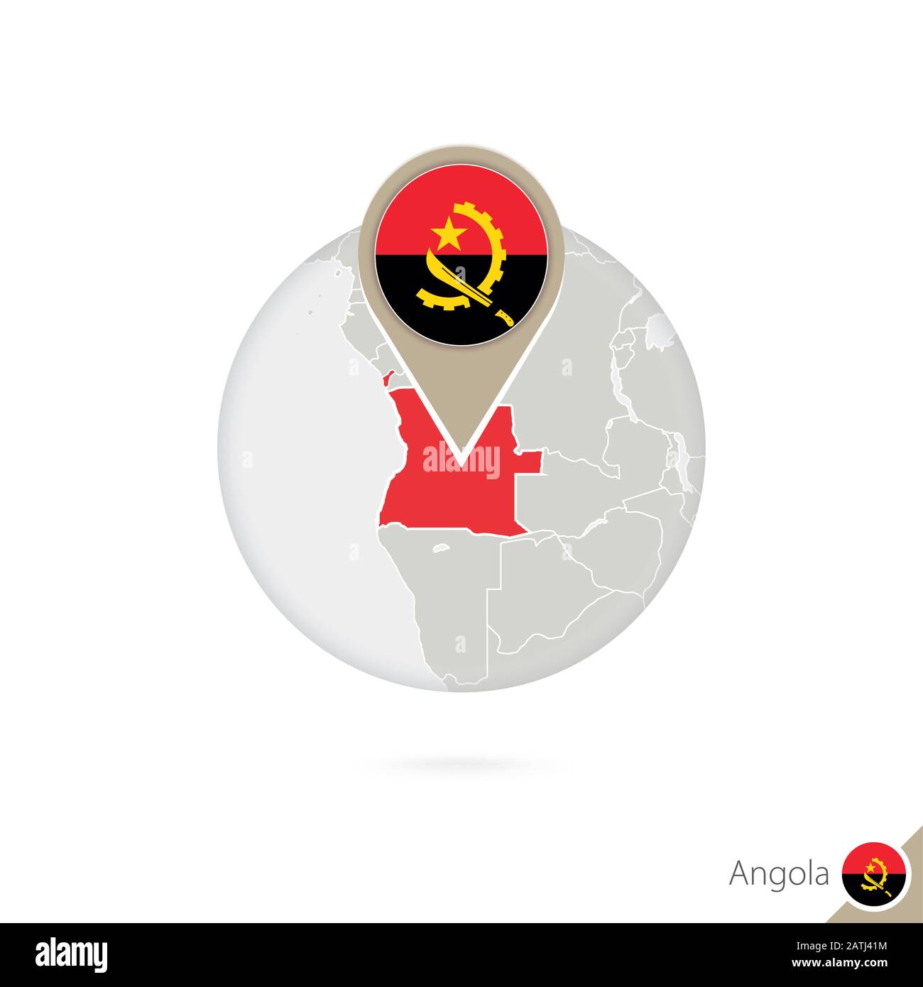 Angola mappa e bandiera in cerchio. Mappa di Angola, Angola bandiera pin. Mappa dell'Angola nello stile del globo. Illustrazione Vettoriale. Illustrazione Vettoriale