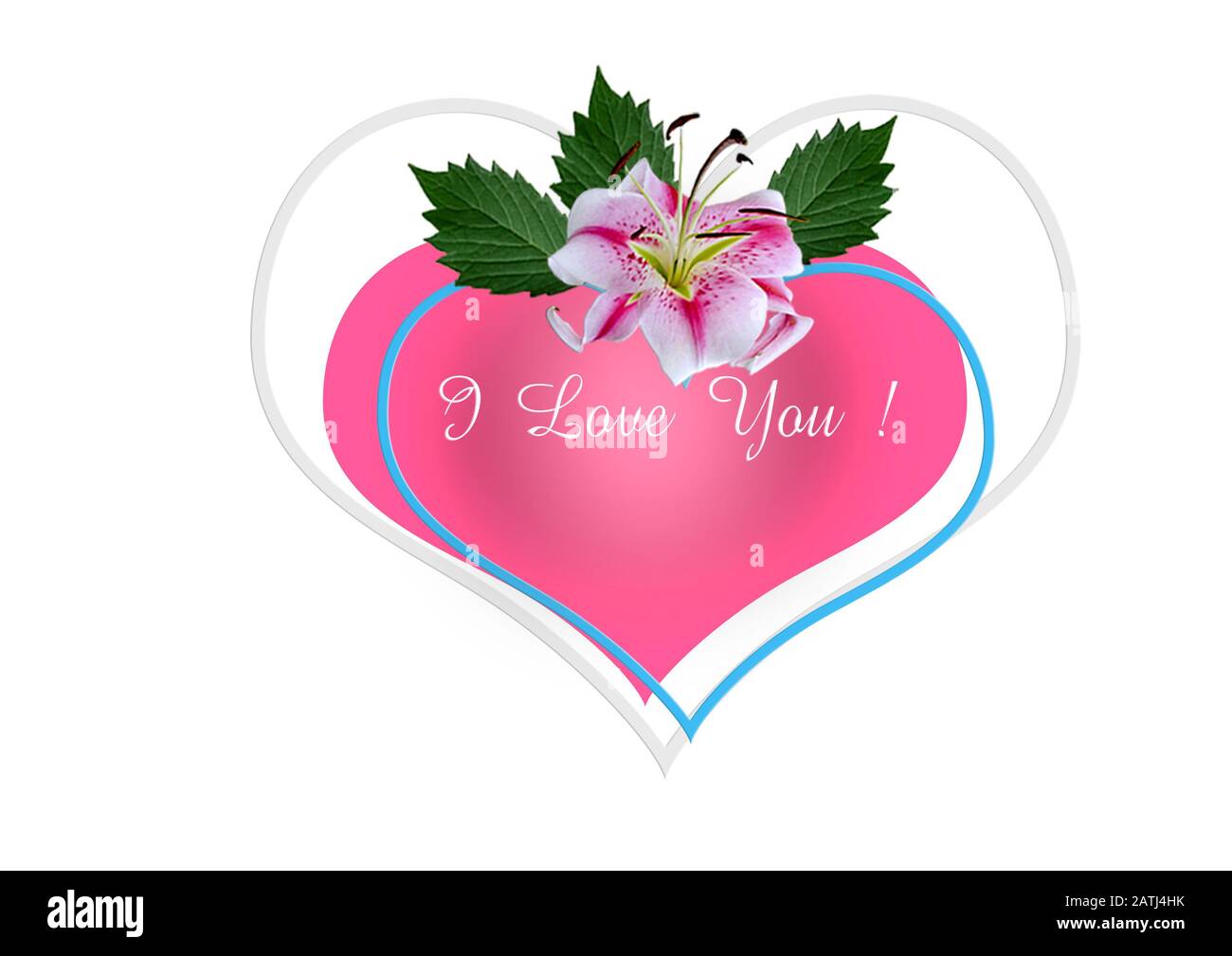 Sfondo bianco con un giglio bianco e rosa con foglie e l'iscrizione 'ti amo!' su una cornice bianca e cornice blu a forma di cuore Foto Stock
