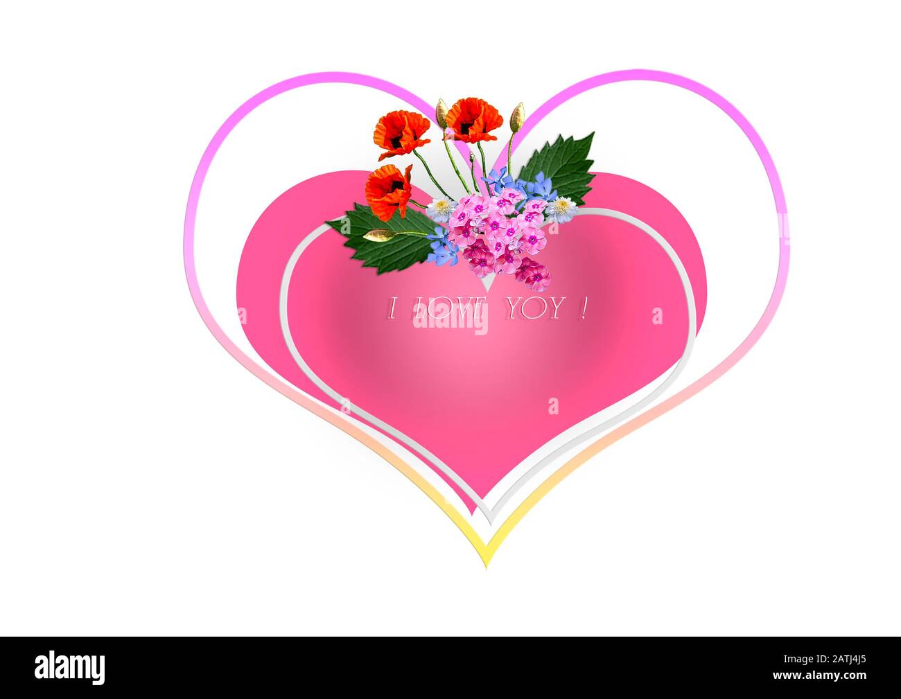 Bouquet di fiori selvatici con foglie e l'iscrizione 'ti amo!' con una cornice bianca e una grande cornice arcobaleno a forma di cuore si trovano su un rosso Foto Stock