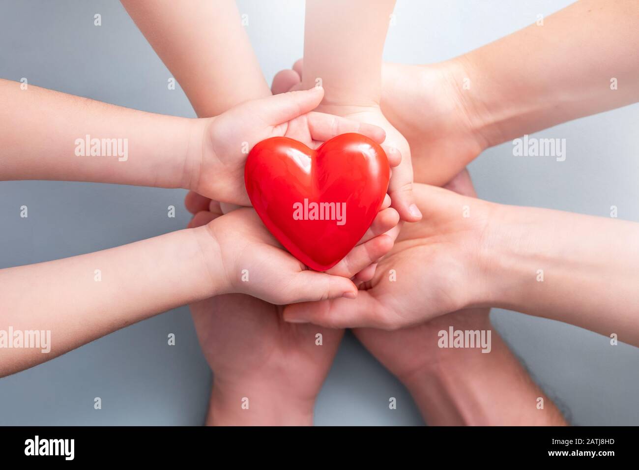 Un adulto, una madre, un padre e un bambino tengono un cuore rosso nelle loro mani. Concetto di beneficenza, assicurazione sanitaria, amore, giornata internazionale di cardiologia. Foto Stock