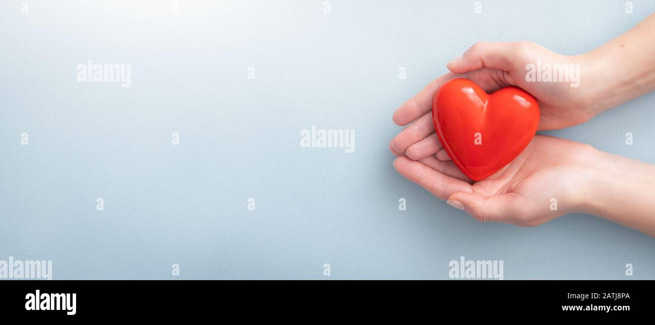 La donna sta tenendo un cuore rosso. Concetto di beneficenza, assicurazione sanitaria, amore, giornata internazionale di cardiologia. Foto Stock