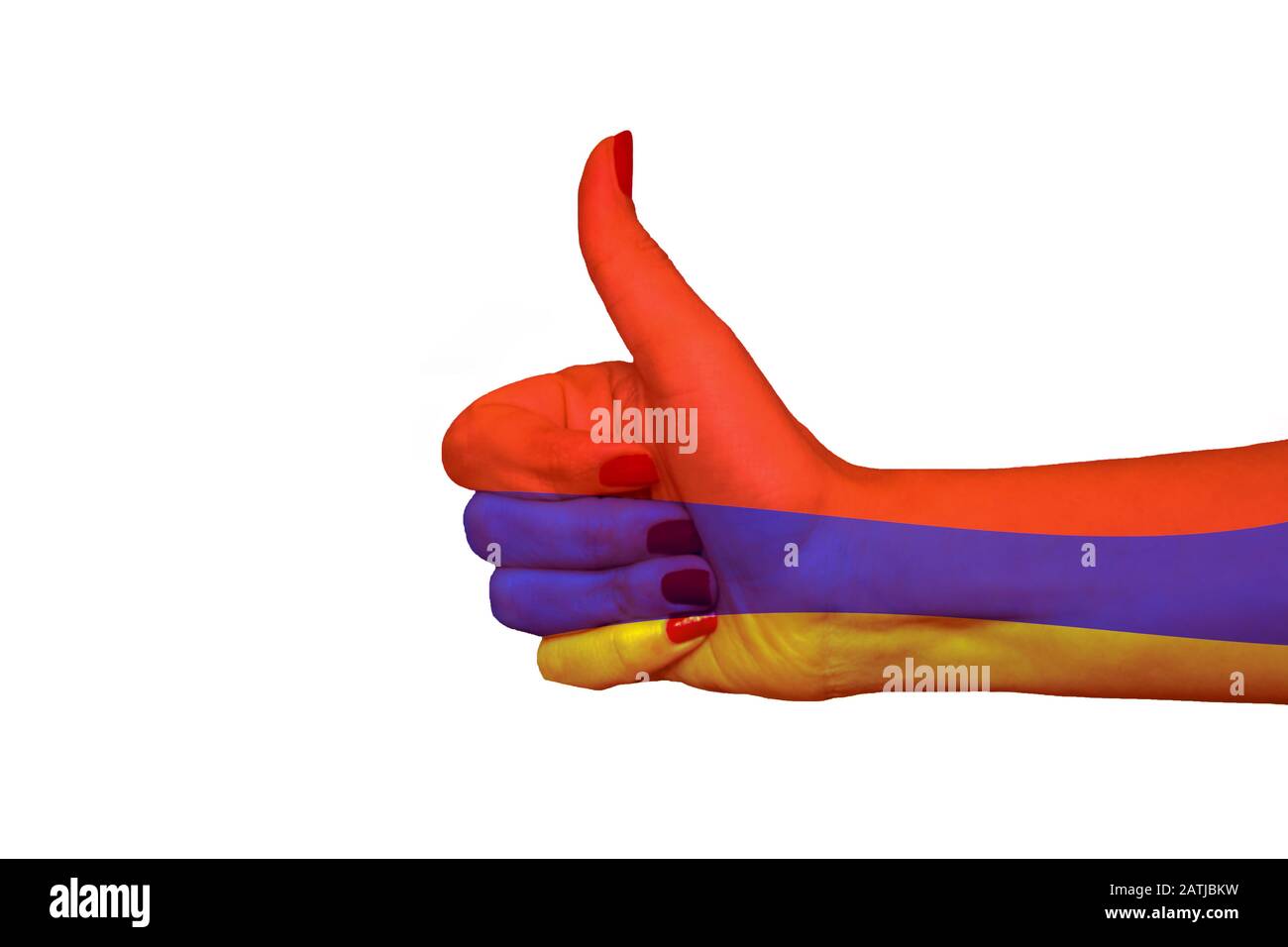 Bandiera dell'Armenia dipinta a mano che mostra i pollici in su Foto Stock