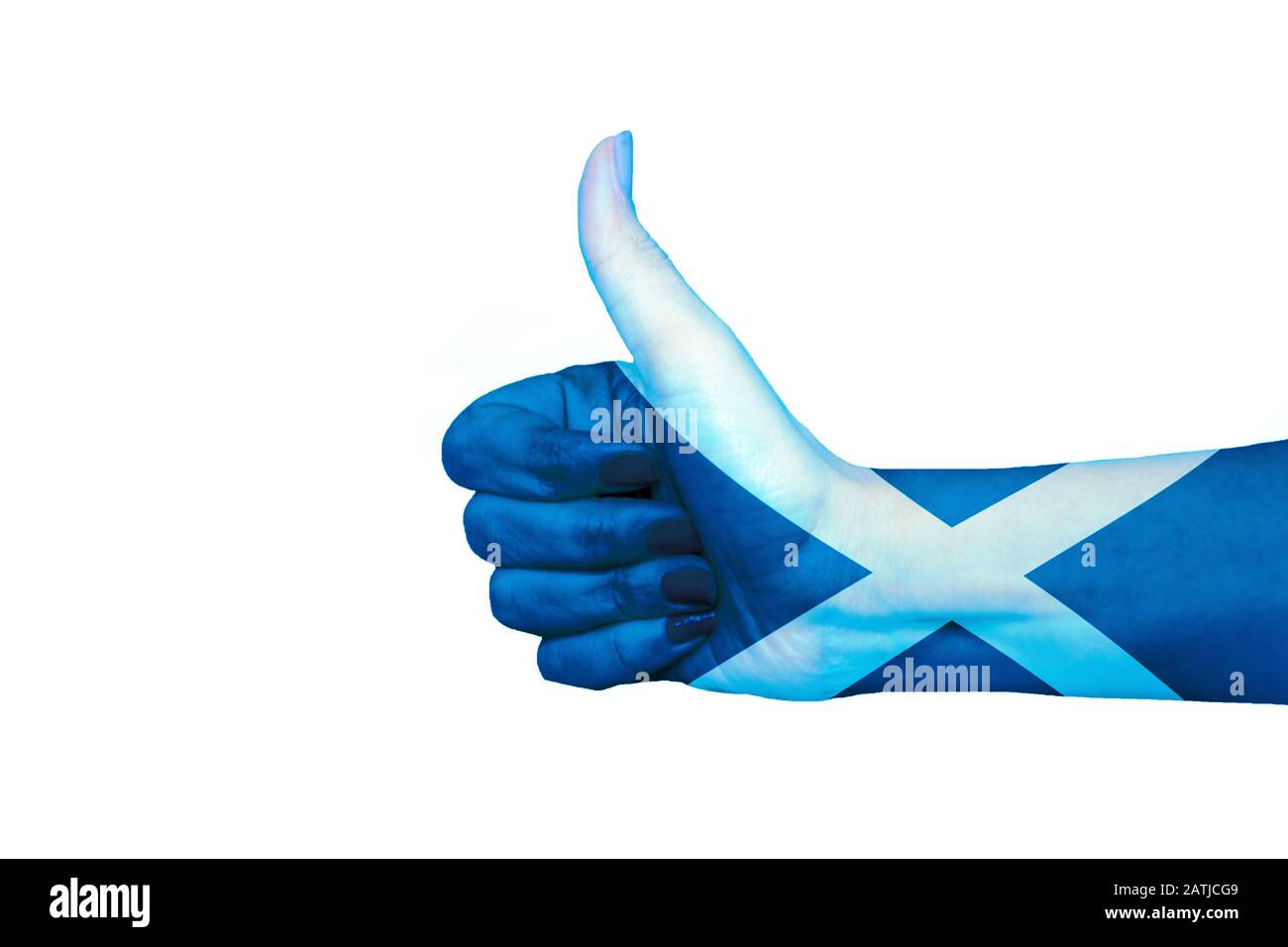 Scozia bandiera dipinta a mano che mostra pollici in su Foto Stock