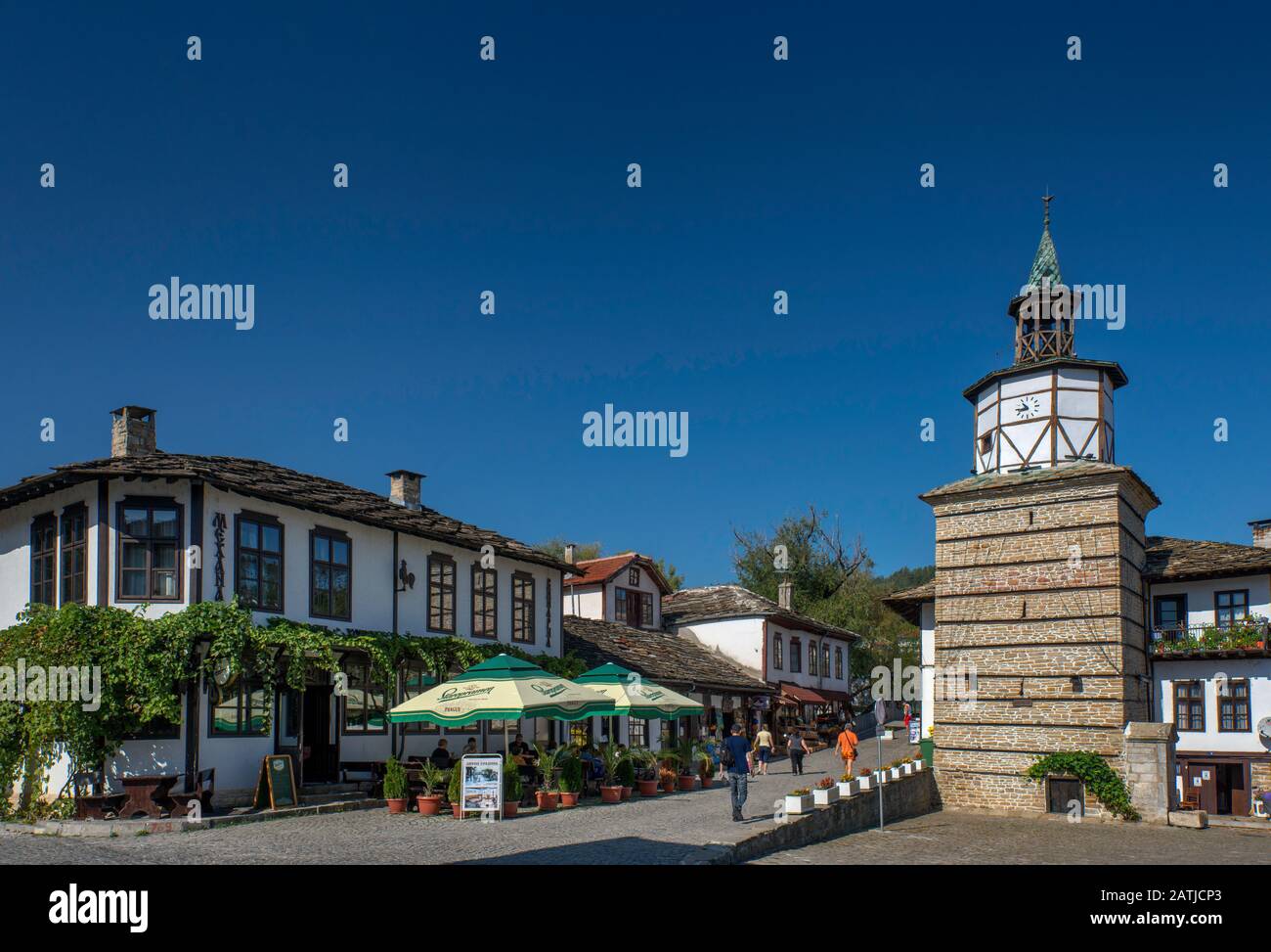 Torre dell Orologio a Kapitan Dyado Nikola quadrato in Tryavna, Bulgaria Foto Stock