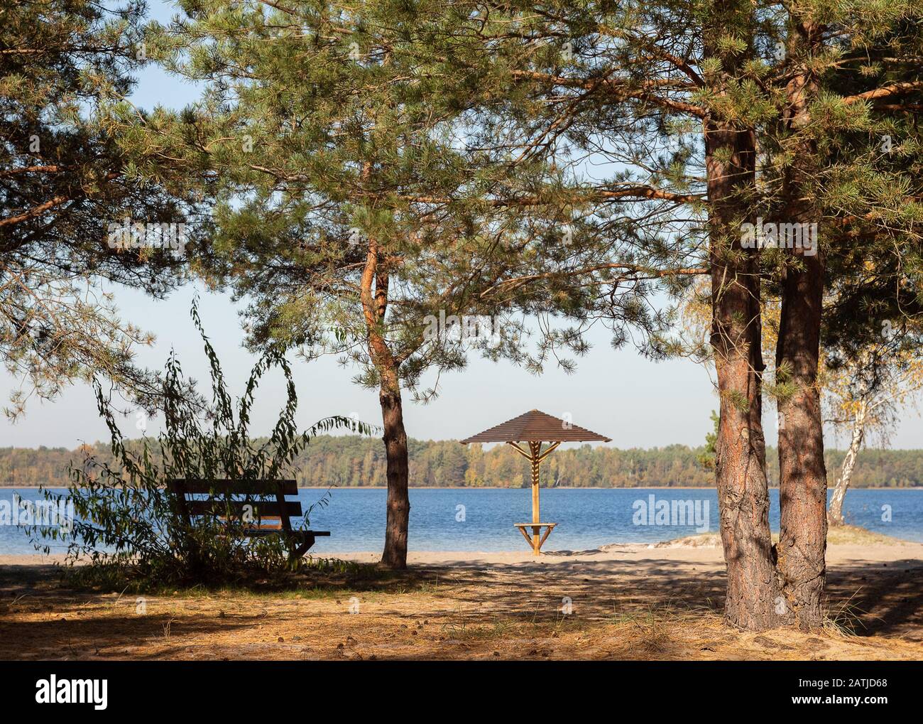 Panchina e ombrellone sulla spiaggia sul lago Foto Stock