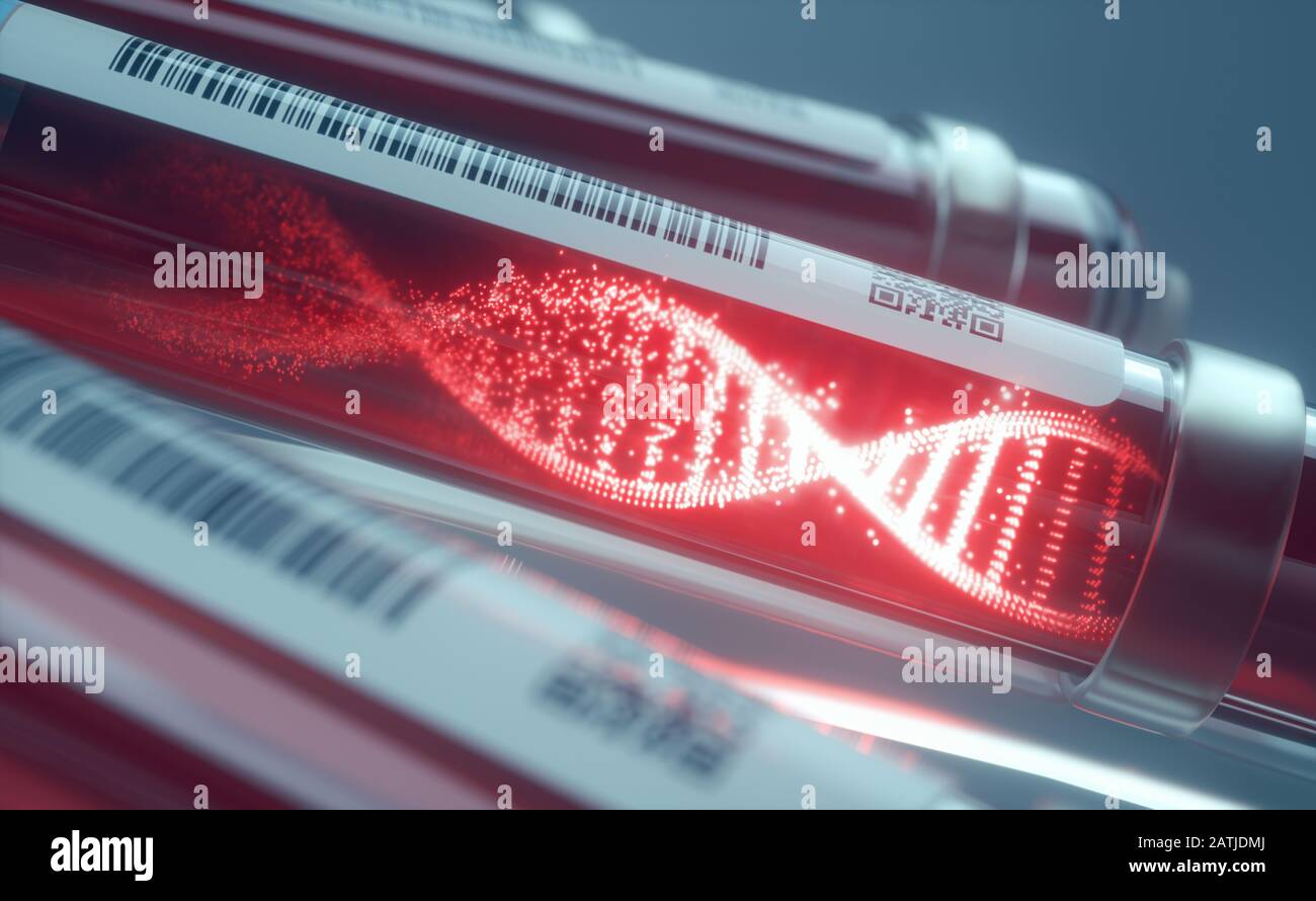 Cellule ematiche, molecola di DNA che si forma all'interno della provetta. Illustrazione 3D, immagine concettuale della scienza e della tecnologia. Foto Stock