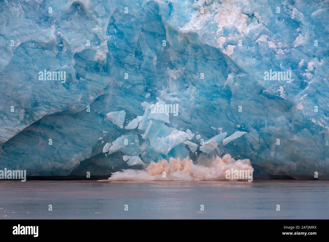 Enorme pezzo di ghiaccio che si rompe dal bordo del ghiacciaio Kongsbreen calving in Kongsfjorden, Svalbard / Spitsbergen, Norvegia Foto Stock