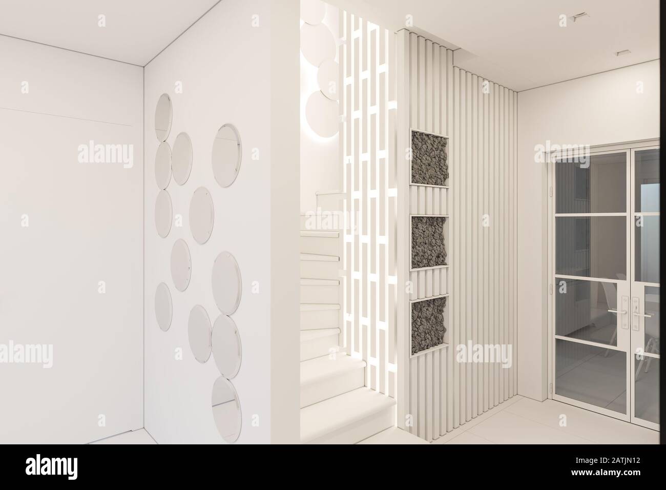 3D render interior design di un foyer in una casa di campagna privata Foto Stock