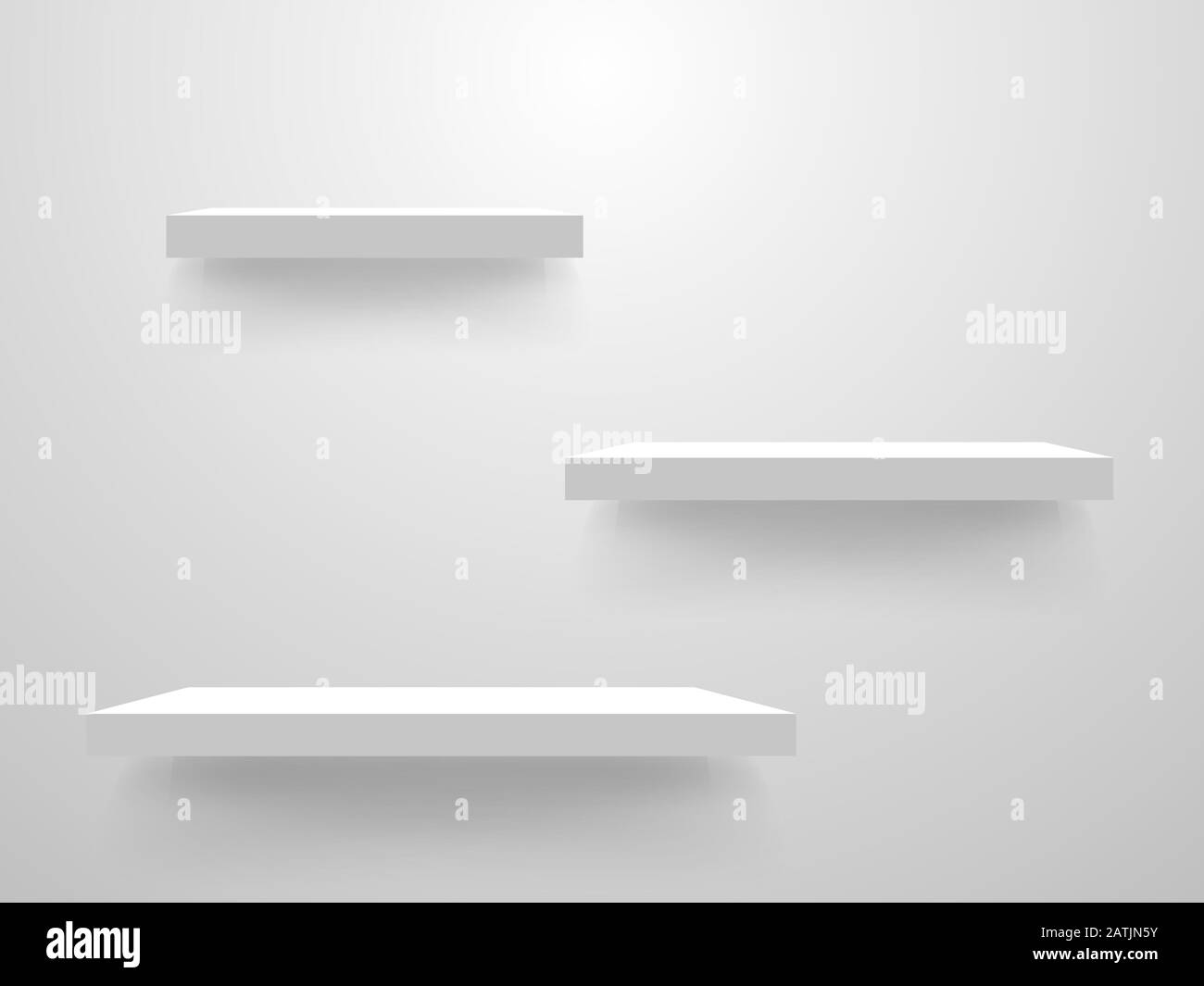 Ripiani bianchi su mockup a parete. Modello ripiano vuoto su sfondo chiaro. Pulire la raccolta degli scaffali. Scaffali dei negozi realistici. Design degli interni. Illustrazione Vettoriale