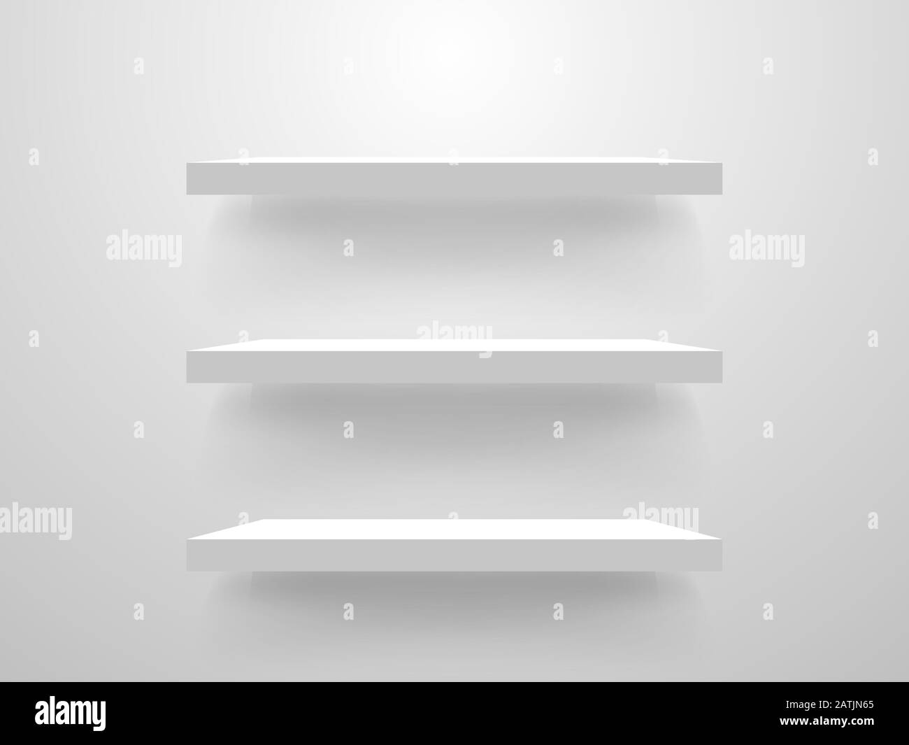 Ripiani vuoti bianchi su parete leggera. Mockup di design degli interni. Modello di ripiano del negozio realistico. Raccolta libreria libreria. Vetrina vuota. Vettore. Illustrazione Vettoriale