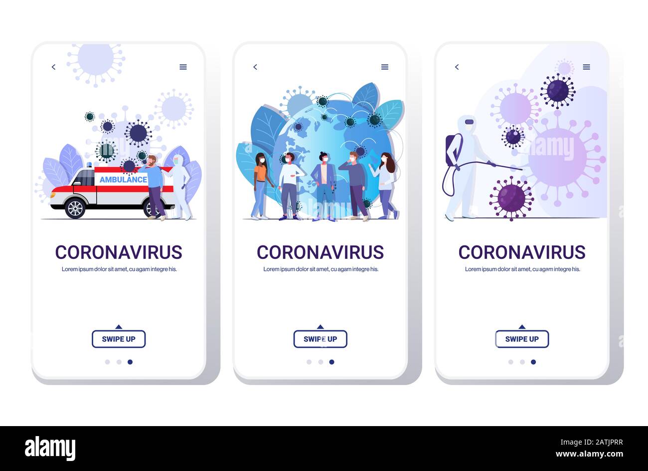Set coronavirus cellule epidemia MERS-cov virus influenza fluttuante diffusione di concetti mondiali collezione wuhan 2019-nCoV salute rischio schermi a tutta lunghezza smartphone mobile app vettore illustrazione Illustrazione Vettoriale