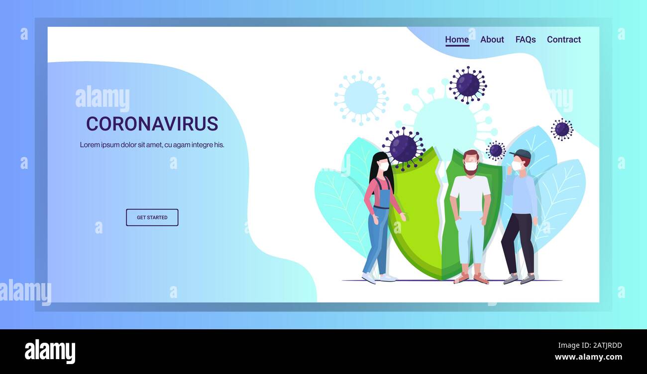 Persone che indossano maschere di protezione per prevenire l'epidemia MERS-cov virus concetto wuhan coronavirus 2019-nCoV pandemia di salute medica rischio rotto scudo full-length copia spazio orizzontale vettore illustrazione Illustrazione Vettoriale