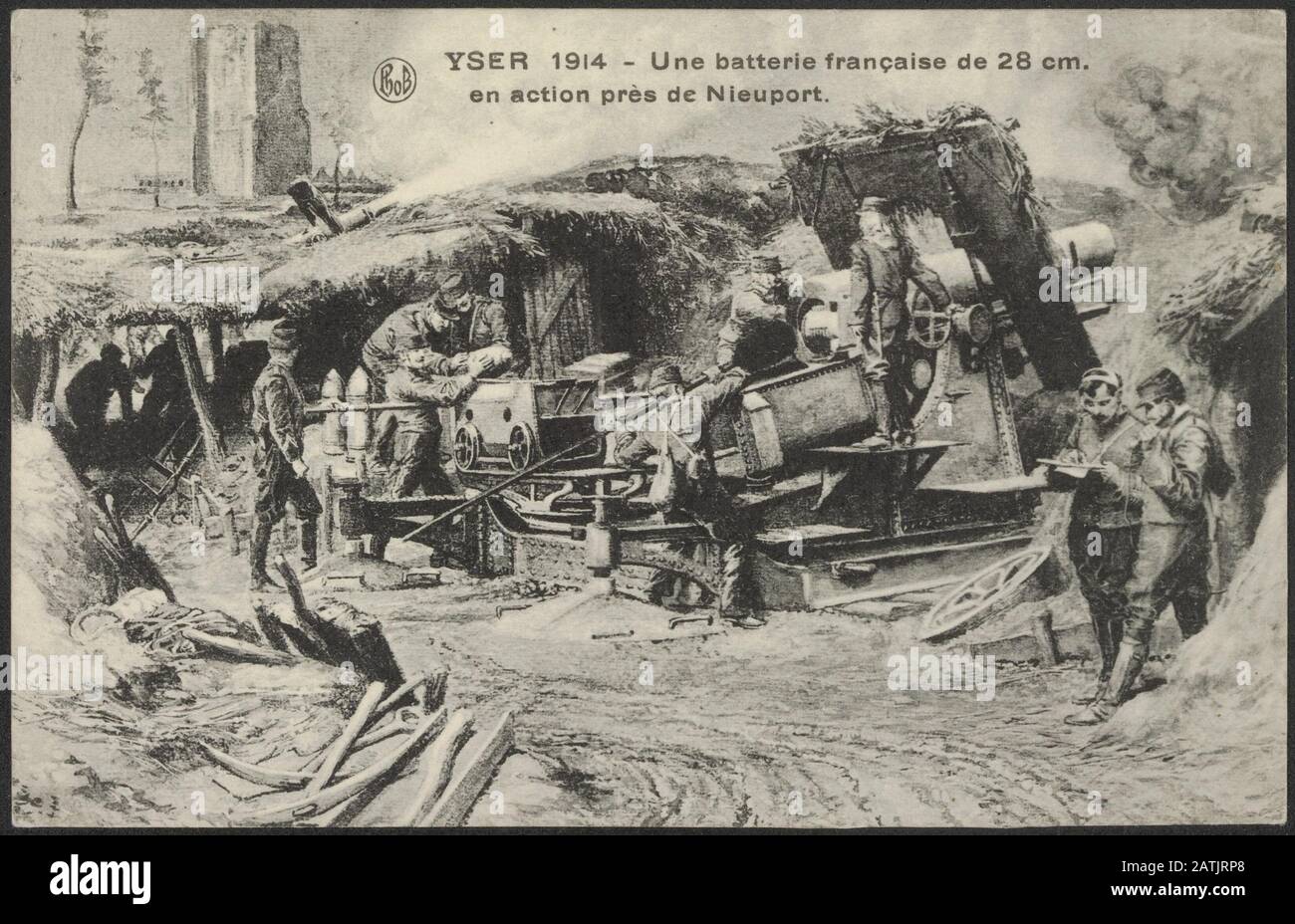 Descrizione: Yser 1914 - une batterie francaise 28 cm. E azione près de Nieuport Annotazione: Disegno. Iron 1914 - A French 28 cm. Battery in action near Newport Date: 1914 Location: Belgium, Nieuwpoort Keywords: WWI, fronti, pistole, soldati Foto Stock