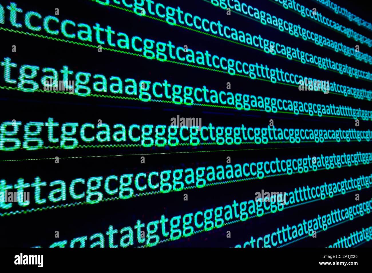 Sfondo astratto, codice genetico. Sequenza di basi nucleotidiche in un frammento di DNA. Foto Stock