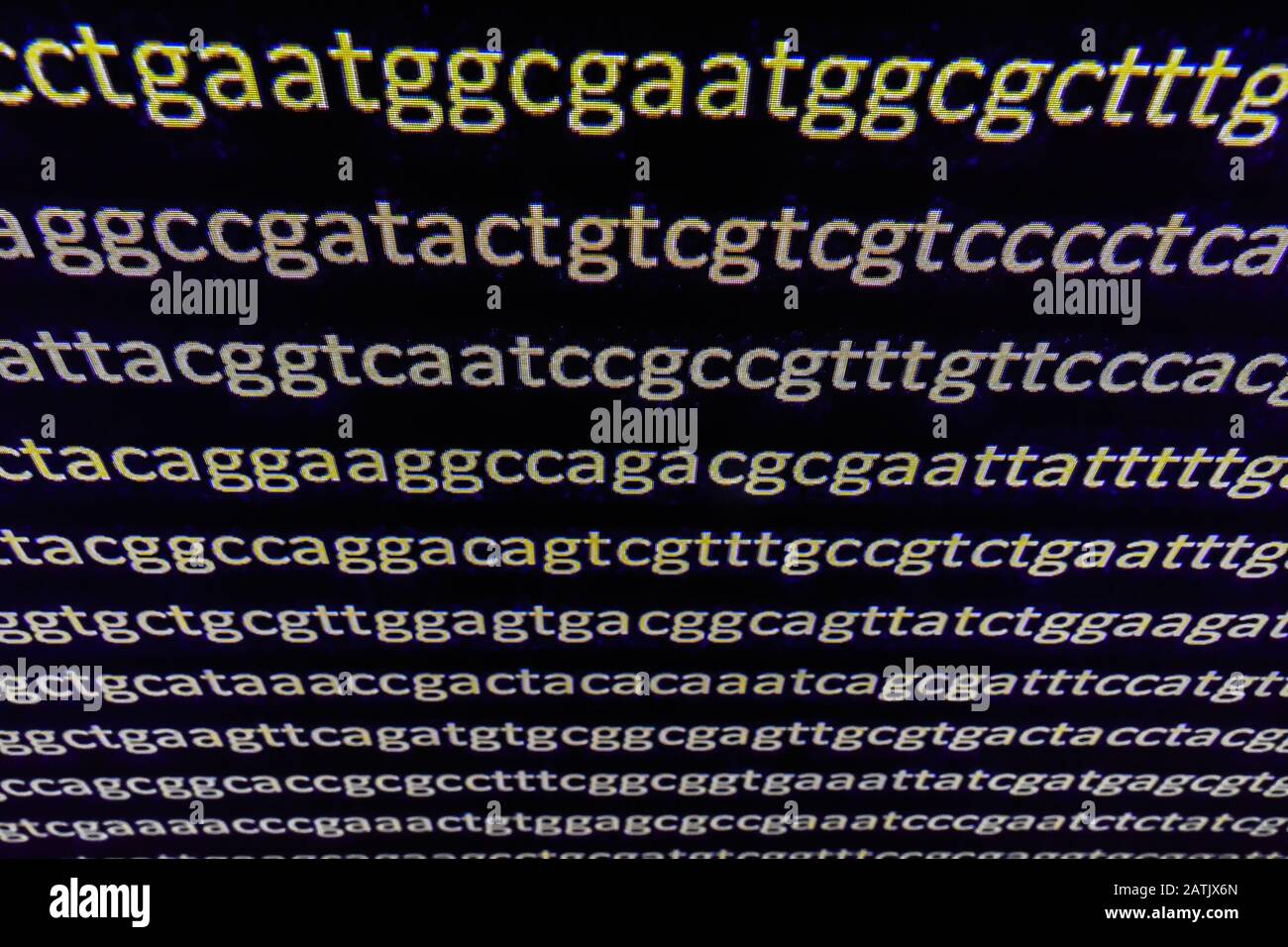 Sfondo astratto, codice genetico. Sequenza di basi nucleotidiche in un frammento di DNA. Foto Stock