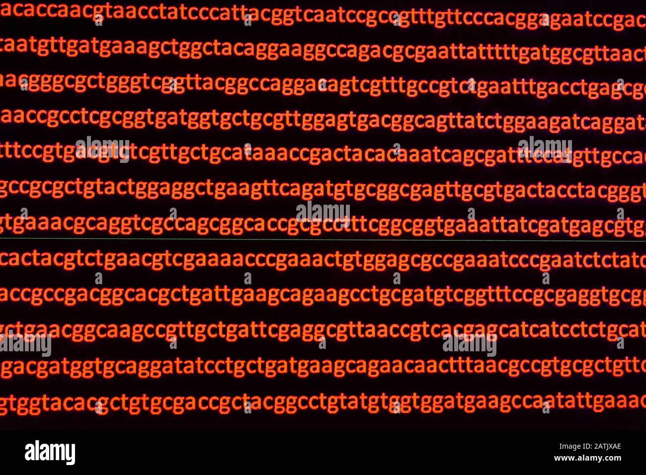 Sfondo astratto, codice genetico. Sequenza di basi nucleotidiche in un frammento di DNA. Foto Stock