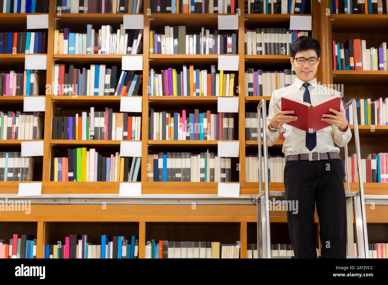 Il bibliotecario professore si alza sulle scale per cercare la conoscenza, leggendo il libro nella biblioteca. Foto Stock