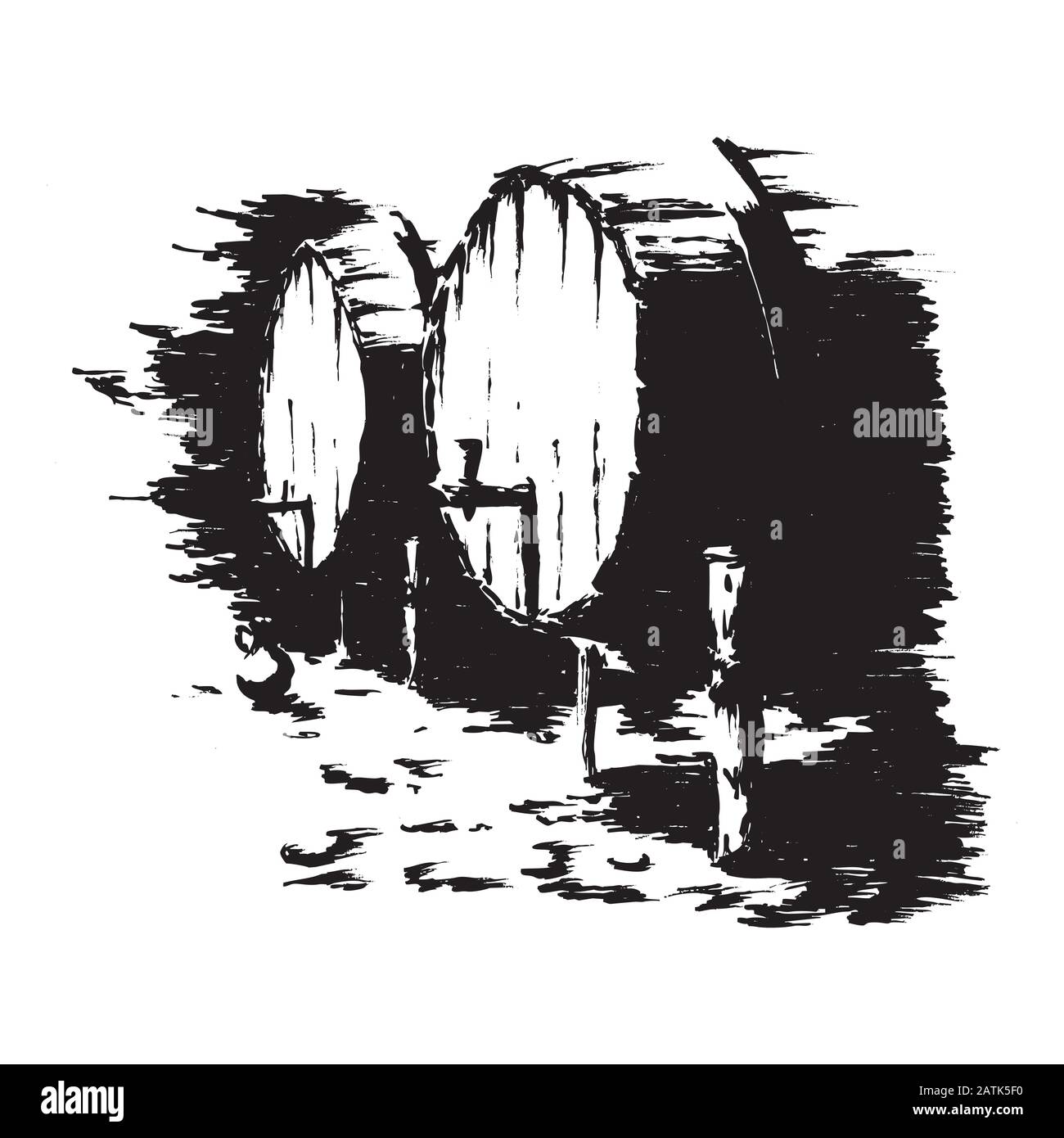 botti di vino - vettore nero e bianco illustrazione di due botti di legno in una cantina Illustrazione Vettoriale