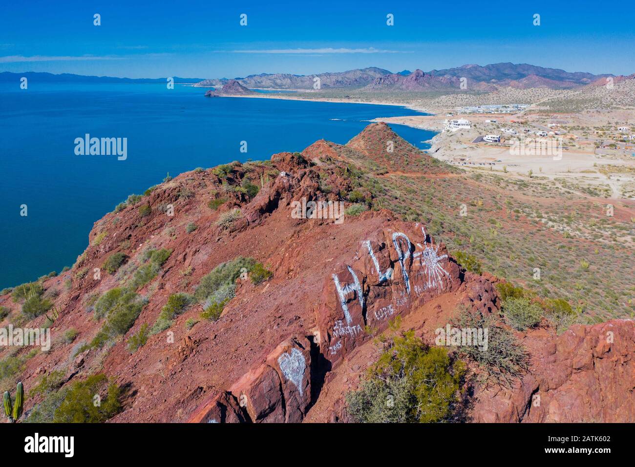 Vista aerea de Kino o bahía de Kino, sonora, Mex en el golfo de california. Playa kino, oceano pacifico, mar de Cortez mar, arena, playa, oceano, dest Foto Stock