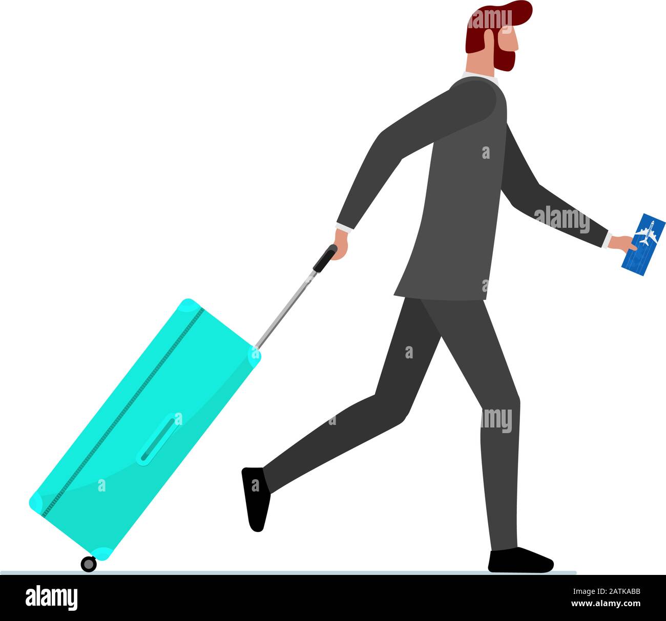 Uomo d'affari che corre con valigia e biglietto di volo. Hurying maschio con bagaglio borsetta che precipiti in aereo o volo mancante. Illustrazione vettoriale del concetto di viaggio tardivo dell'uomo turistico Illustrazione Vettoriale