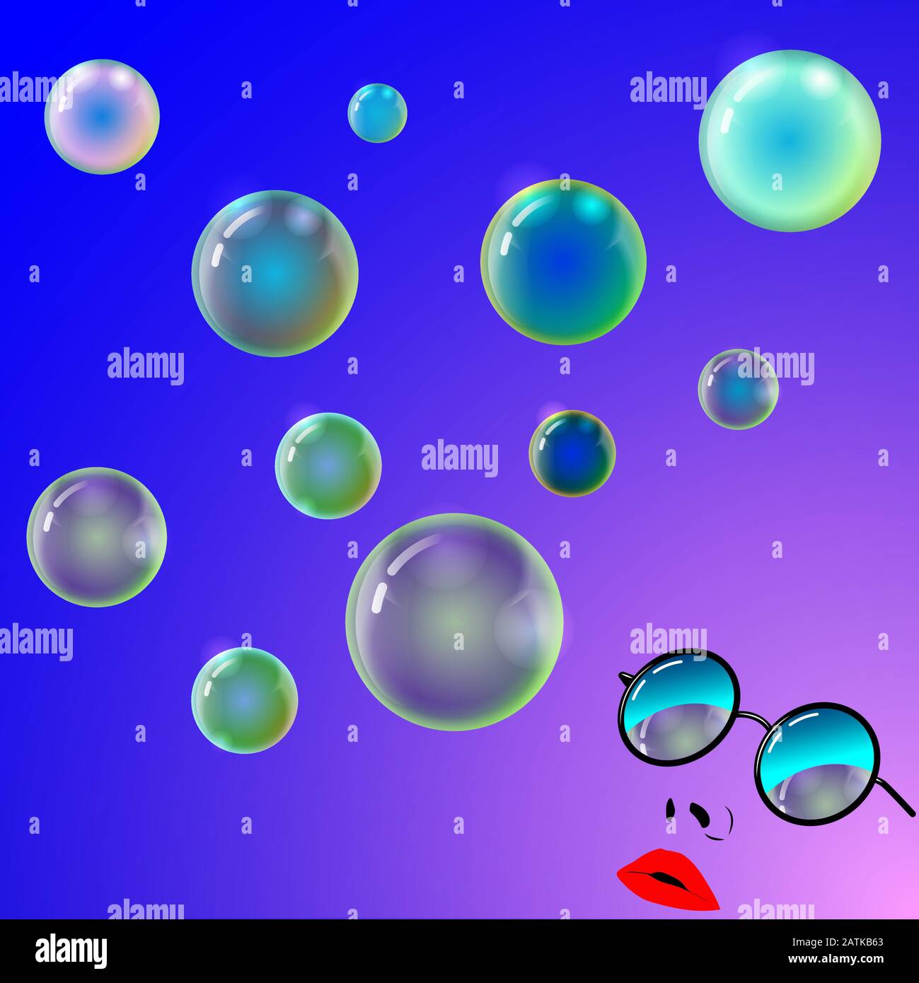 Bolle di sapone multicolore volano attraverso il cielo, riflesso nei vetri della ragazza che li guarda. Illustrazione Vettoriale