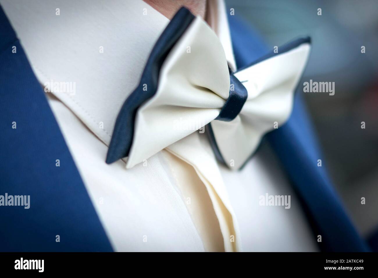 Cravatta ad arco da uomo, bianca con abito blu. Foto Stock