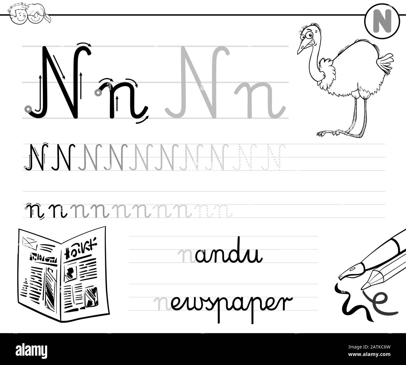Contenitore bianco e nero Illustrazione delle Abilità Di Scrittura Pratica con lettera N per Preschool ed età elementare pagina del libro di colore dei bambini Illustrazione Vettoriale