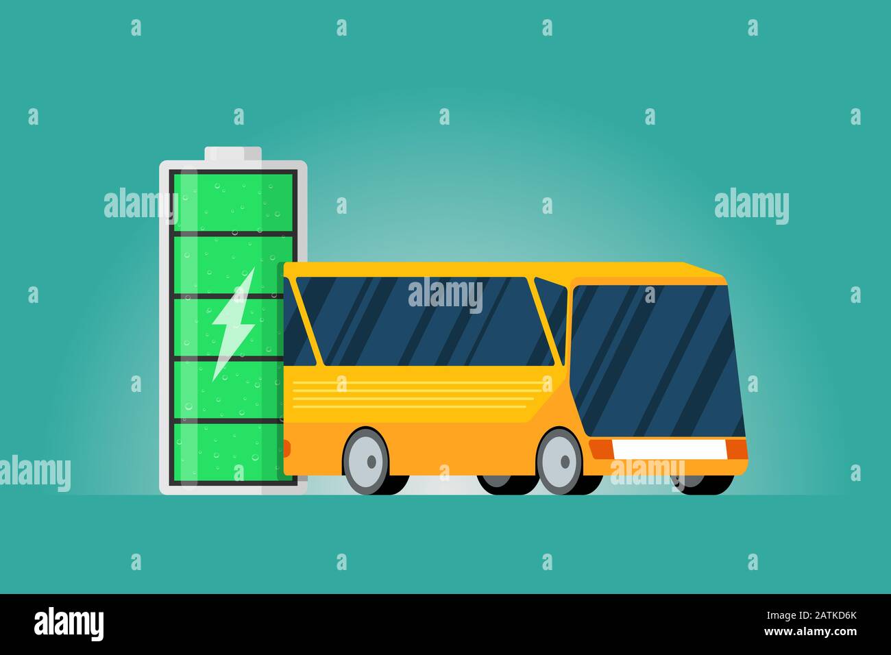 Indicatore di carica della batteria ad alta potenza con icona fulminea e bus elettrico giallo. Moderna tecnologia e-Vehicle e futuro concetto di trasporto passeggeri ecologico. Illustrazione dell'accumulatore Vector Full Illustrazione Vettoriale
