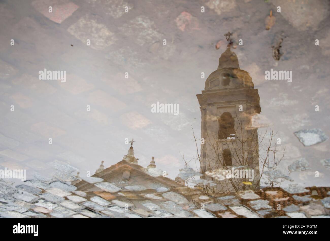 Campanile della Basilica Di Nostra Signora del pilastro riflesso in una pozza d'acqua, nel quartiere turistico Recoleta, a Buenos Aires, Argentina Foto Stock