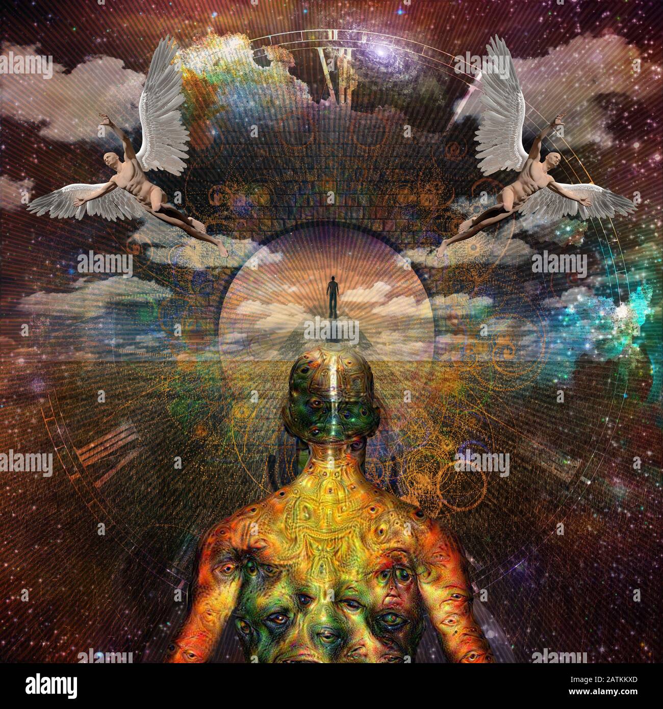 Surrealismo. Figura dell'uomo sulla strada verso il cielo. Uomo con occhi demoniaci strani sulla pelle si alza prima del campo di grano. Gli uomini con le ali rappresentano gli angeli Foto Stock