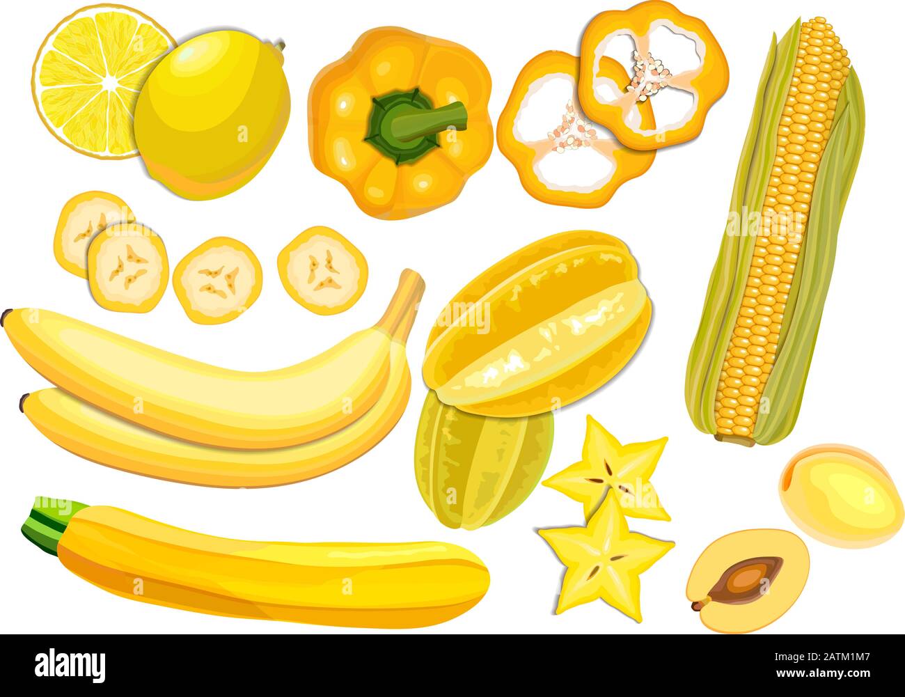 Collezione di verdure fresche di colore giallo e frutta cruda su sfondo bianco Illustrazione Vettoriale