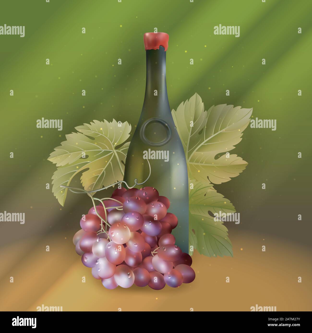 Illustrazione vettoriale di una bottiglia di vino realistica e di un ramo di uva con foglia verde Illustrazione Vettoriale