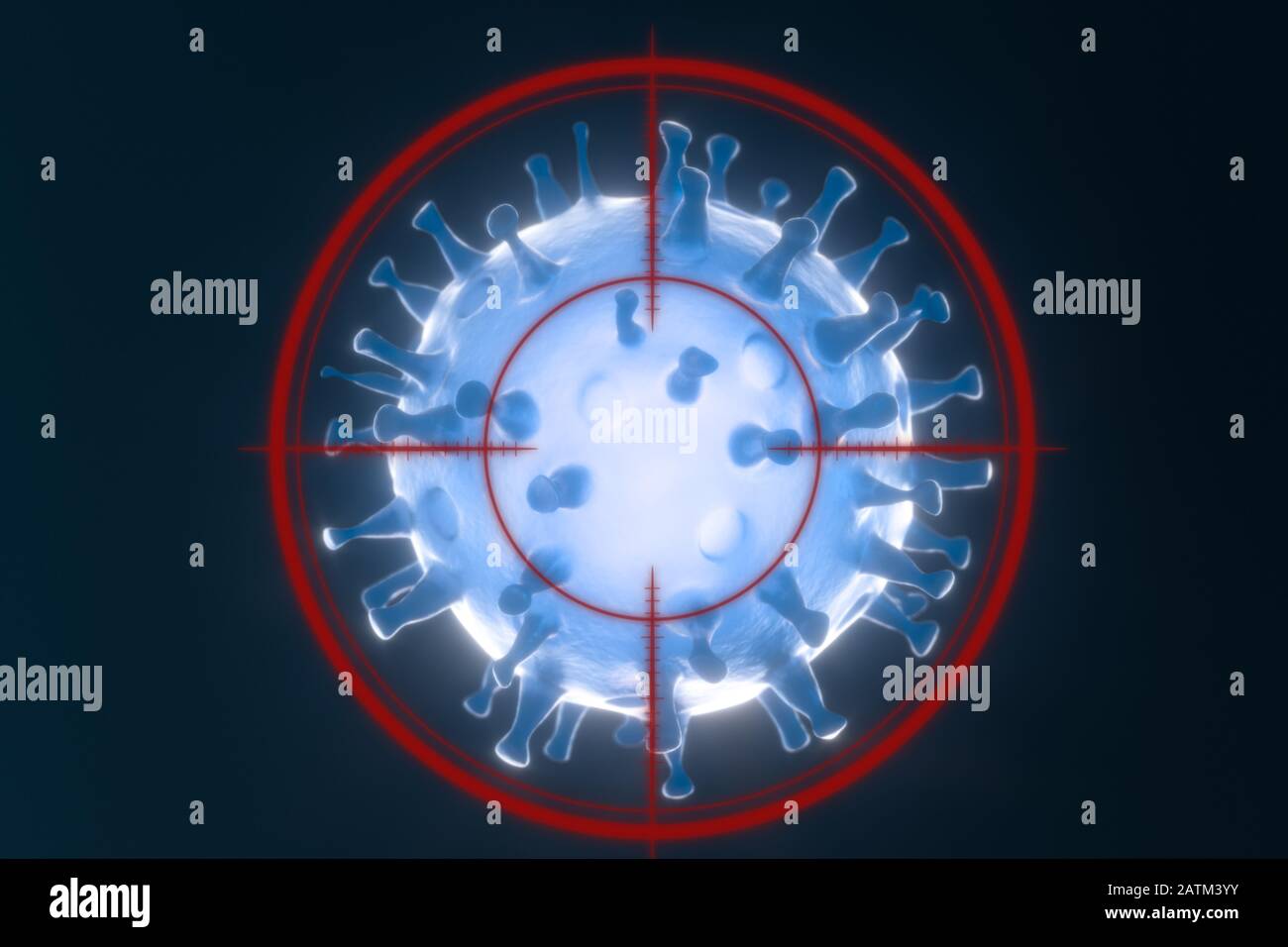 Virus corona dispersi con target di puntamento, rendering 3d. Disegno digitale del computer Foto Stock